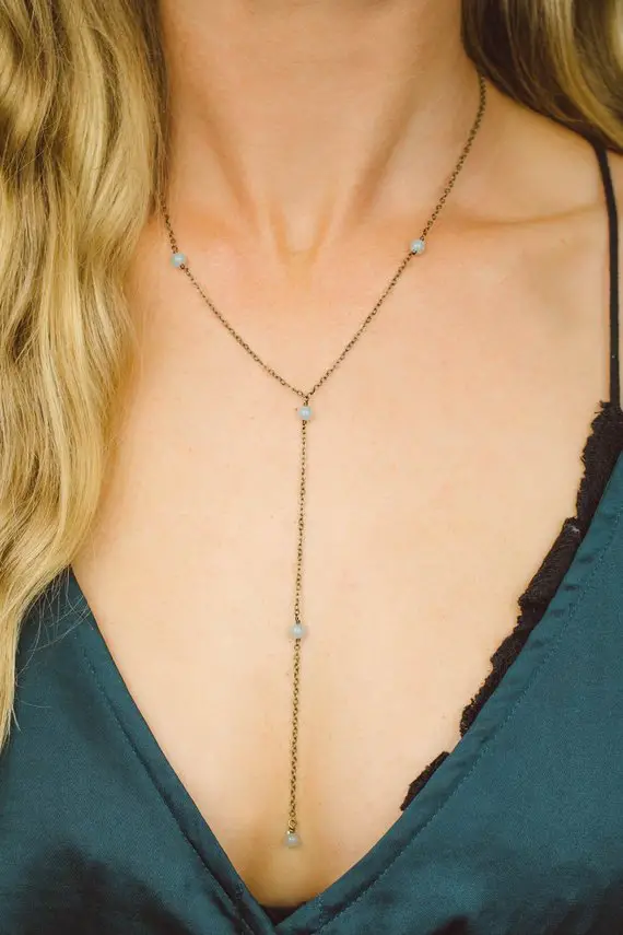 Amazonite Crystal Beaded Chain Lariat Necklace In Bronze, Silver, Gold Or Rose Gold - 16" Chain With 2" Adjustable Extender And 4" Drop