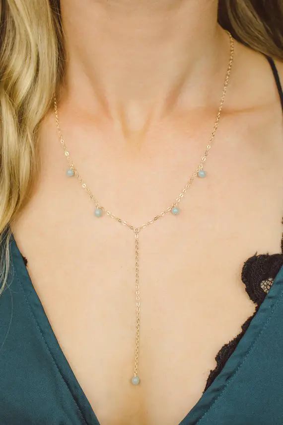 Mint Green Amazonite Boho Bead Drop Lariat Necklace In Bronze, Silver, Gold Or Rose Gold - 18" Chain With 2" Adjustable Extender And 3" Drop