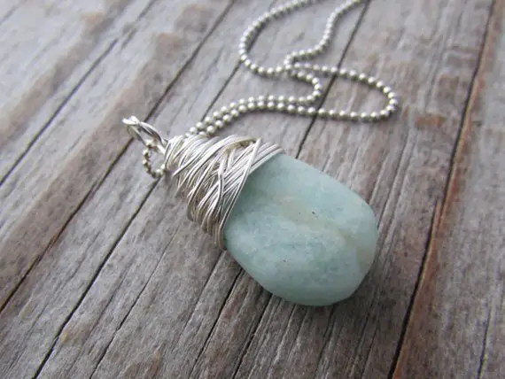 Amazonite Necklace, Raw, Matte Finish, Pale Blue, Smooth, Wire Wrapped Gemstone Pendant
