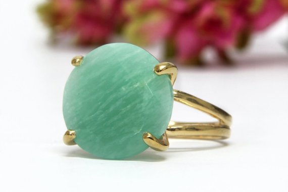 Amazonite Ring · Round Cocktail Ring · Gold Ring · Statement Ring · Genuine Gemstone Ring · 4 Prongs Solitaire Ring · Sky Blue Ring