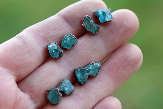 Blue Apatite Earrings - Raw Crystal Earrings - Stone Post Earrings - Sterling Silver Studs