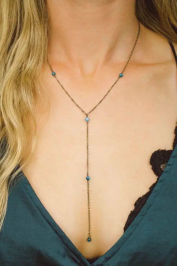 Blue Apatite Crystal Beaded Chain Lariat Necklace In Bronze, Silver, Gold Or Rose Gold - 16" Chain With 2" Adjustable Extender And 4" Drop