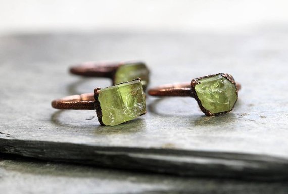 Raw Crystal Ring - Yellow Apatite Stone - Electroformed Ring - Copper Ring