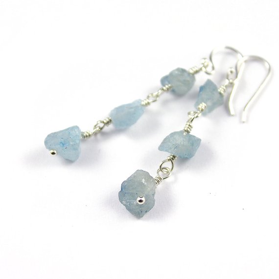 Aquamarine Earrings Sterling Silver - Triple Raw Aquamarine Stones - Irregular Shape - March Birthstone - Birthstone Gift