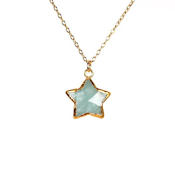 Aquamarine Necklace - Star Necklace - Gold Star Necklace - Crystal Star Necklace