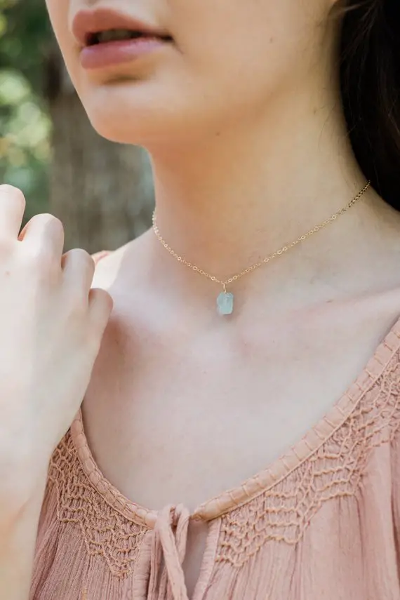 Tiny Raw Blue Aquamarine Gemstone Pendant Choker Necklace In Gold, Silver, Bronze Or Rose Gold. March Birthstone Gift. Handmade To Order.