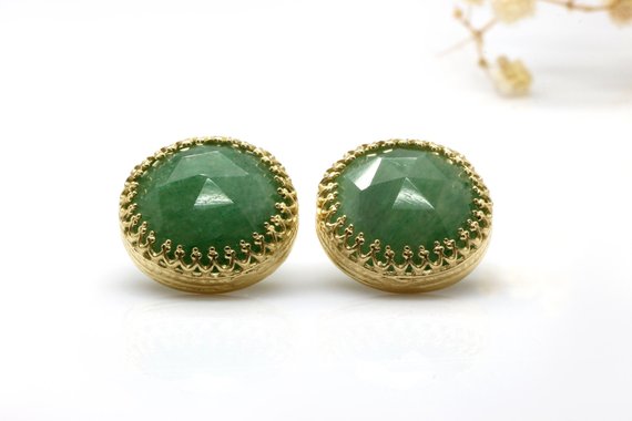 Gold Earrings · Gemstone Earrings · Green Aventurine Earrings · Post Earrings · Large Stud Earrings · Green Earrings · Vintage Earrings