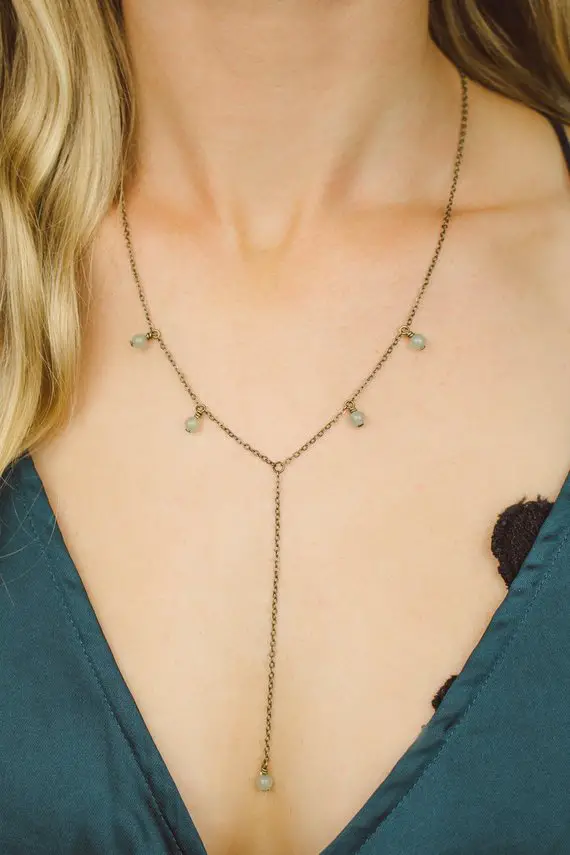Green Aventurine Boho Bead Drop Lariat Necklace In Bronze, Silver, Gold Or Rose Gold - 18" Chain With 2" Adjustable Extender And 3" Drop