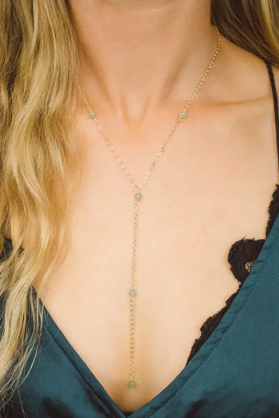 Green Aventurine Crystal Bead Chain Lariat Necklace In Bronze, Silver, Gold Or Rose Gold - 16" Chain With 2" Adjustable Extender And 4" Drop