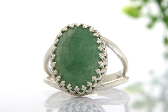 Sterling Silver Ring · Green Aventurine Ring · Double Band Oval Ring · Prong Setting Ring · Cocktail Ring · Gemstone Ring