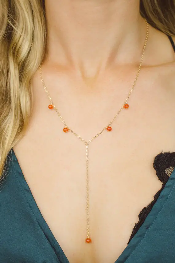 Carnelian Boho Bead Drop Lariat Necklace In Bronze, Silver, Gold Or Rose Gold - 18" With 2" Adjustable Extender & 3" Drop. July Birthstone