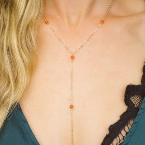 Shop Carnelian Necklaces! Carnelian crystal beaded chain lariat necklace in bronze, silver, gold or rose gold. 16" chain with 2" adjustable extender. July birthstone | Natural genuine Carnelian necklaces. Buy crystal jewelry, handmade handcrafted artisan jewelry for women.  Unique handmade gift ideas. #jewelry #beadednecklaces #beadedjewelry #gift #shopping #handmadejewelry #fashion #style #product #necklaces #affiliate #ad