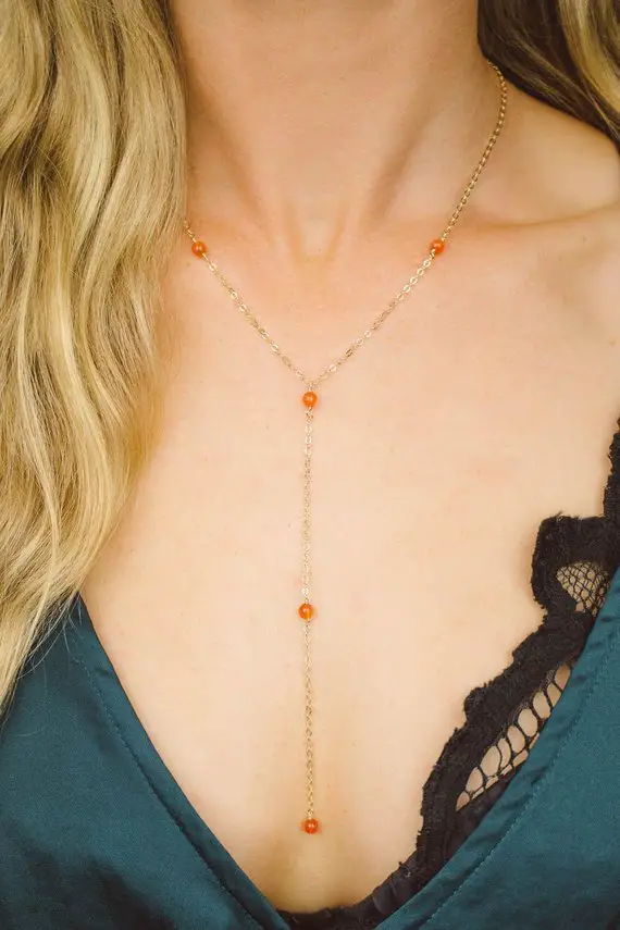 Carnelian Crystal Beaded Chain Lariat Necklace In Bronze, Silver, Gold Or Rose Gold. 16" Chain With 2" Adjustable Extender. July Birthstone