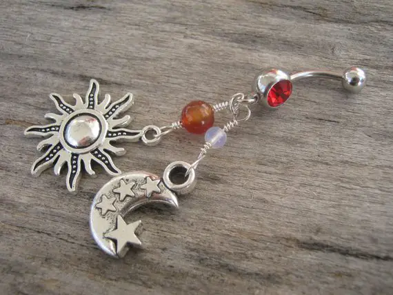 Sun Moon & Stars Belly Ring, Carnelian And Opal Opalite Belly Button Ring, Gemstone Belly Piercing, Equinox Charms, Nature Body Jewelry