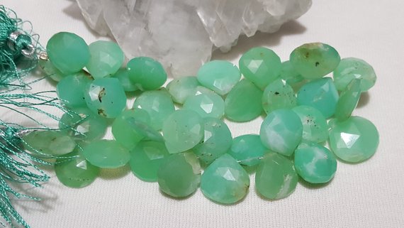 Chrysoprase Faceted Briolette Beads 12mm-14mm, 8 In. Strand, Chrysoprase Faceted Heart Shape Briolette Beads, Apple Green Chalcedony