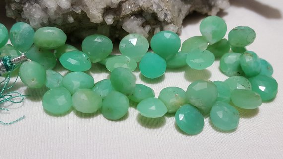 Chrysoprase Faceted Briolette Beads 10mm-11mm, 8 In. Strand, Chrysoprase Faceted Heart Shape Briolette Beads, Apple Green Chalcedony