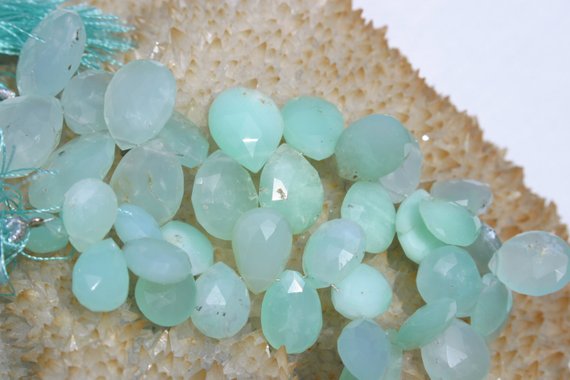 Chrysoprase Graduating Faceted Flat Drop Beads 8 In. Strand, Chrysoprase Beads Briolettes Pear Shaped Flat Teardrops