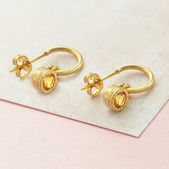 Citrine November Birthstone Hoop Earrings With Charm, Gold Huggie Earrings, Huggie Hoop Earrings , Anniversary Gift