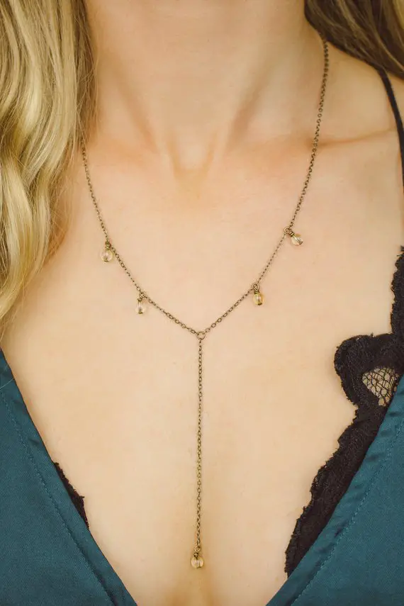 Citrine Boho Bead Drop Lariat Necklace In Bronze, Silver, Gold Or Rose Gold - 18" With 2" Adjustable Extender & 3" Drop. November Birthstone