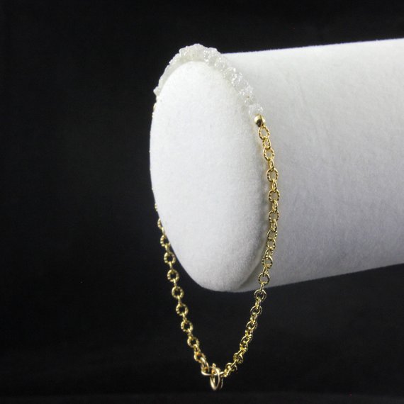 Diamond Bracelet In 14k Gold Filled -mother's Day - White Raw Rough Diamonds 2inch Long - Gold Ribbed Chain - Initial Tag, Personalized Disk