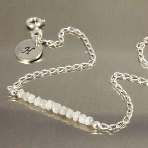 Raw Rough Diamond Bracelet - Silver Bracelet With White Diamonds And Initial Disk - Personalized Tag - Initial Bracelet, Monogram