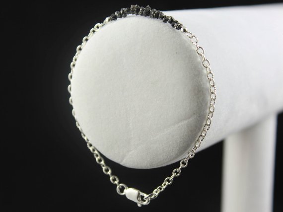Black Rough Diamond Bar Bracelet - Mother's Day Gift -sterling Silver Ribbed Chain - Black Raw Diamonds - Bridesmaid Gift - April Birthstone