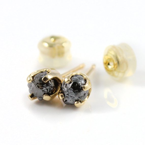 14k Yellow Gold 5mm Post Earrings With Rough Diamonds - Natural Unfinished Raw Stones, Jet Black Diamonds - Solid Gold Studs