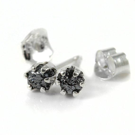4mm Rough Diamond Post Earrings Sterling Silver - Raw Uncut Diamonds - Jet Black Diamonds - 6-prong Ear Studs