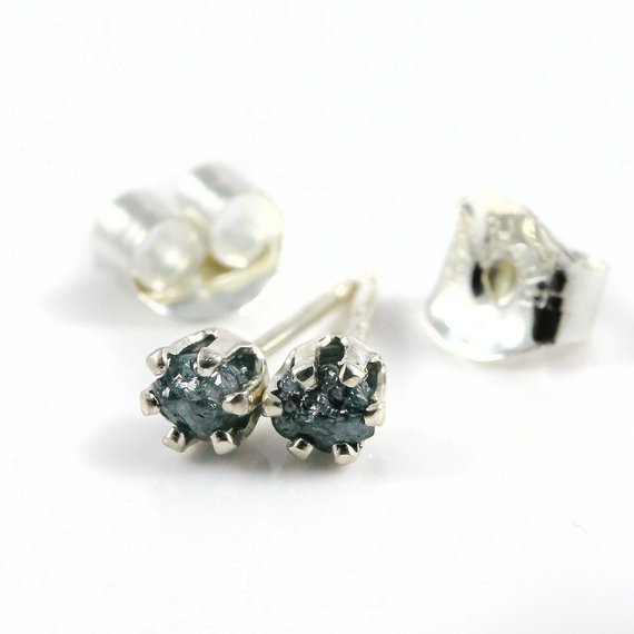 3mm Sterling Silver Studs With Blue Rough Diamonds - Tiny Post Earrings - Rare Blue Uncut Raw Diamonds - Conflict Free