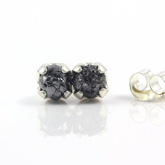 1ct Black Rough Diamond Studs On Sterling Silver - 5mm Four Prong Post Earrings - Raw Uncut Unfinished Diamonds - Natural Conflict Free