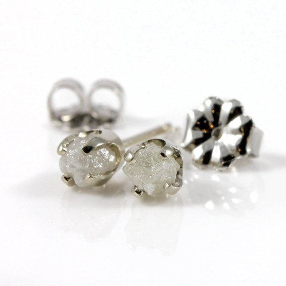 Rough Diamonds In 14k White Gold Earrings - Natural Unfinished Raw Stones - White Diamond Studs - Gold Post Earrings