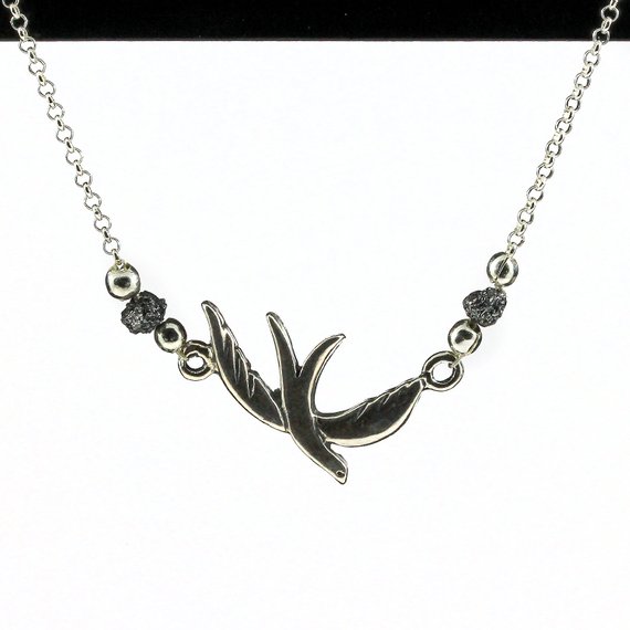 Dove Necklace - Sterling Silver Rolo Chain - Black Rough Raw Diamonds - Sparrow Pendent - April Birthstone