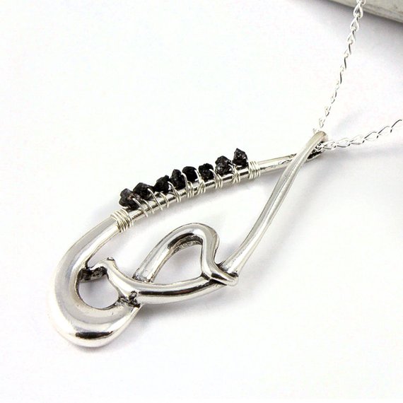 Silver Abstract Teardrop Necklace -mother's Day Gift - Fancy Teardrop With Rough Diamonds - Wire Wrapped Raw Diamonds