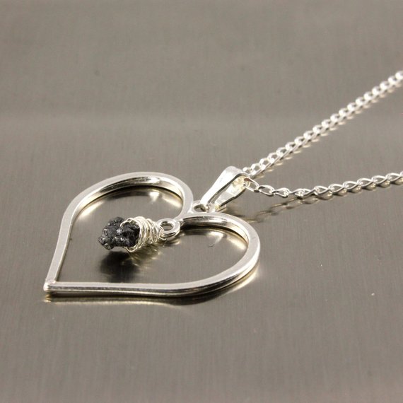 Heart Necklace - Rough Diamond -mother's Day Gift - Sterling Silver Heart Charm - April Birthstone Gift Idea - Romantic Gift - Gift For Her