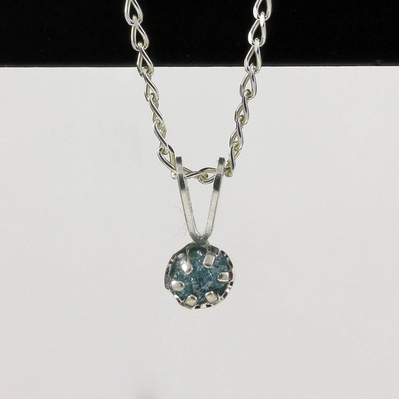 4mm Blue Raw Diamond Pendant Necklace - Sterling Silver Necklace With Natural Conflict Free Diamond - Rare Blue Diamond
