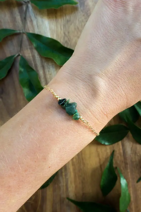 Emerald Bead Bar Crystal Bracelet In Bronze, Silver, Gold Or Rose Gold - 6" Chain With 2" Adjustable Extender - May Birthstone