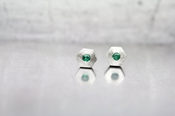 Cute Hexagon Emerald Stud Earrings May Birthstone Sterling Silver Minimalistic Genuine Green Gemstones Gift Idea For Her - Beryl Hexes