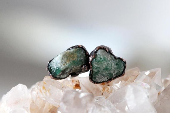 Emerald Earrings - Green Stone Posts - Sterling Silver Studs - Electroformed Crystal Earrings
