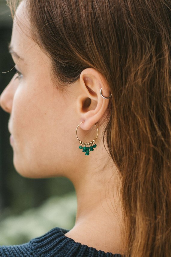 Emerald Modern Tribal Hoops. Emerald Earrings. Statement Earrings. Small Hoops Gift. Beaded Earrings Bohemian Earrings. May Birthstone.