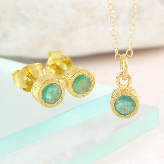 Emerald Jewelry Set Gold Necklace And Stud Earrings Jewellery Set Gemstone Sterling Silver May Birthstone