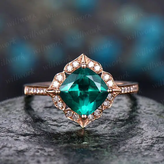 Cushion Cut Emerald Ring Gold Vintage Emerald Engagement Ring Set 14krose Gold Flower Unique Engagement Ring Antique Diamond Ring For Women