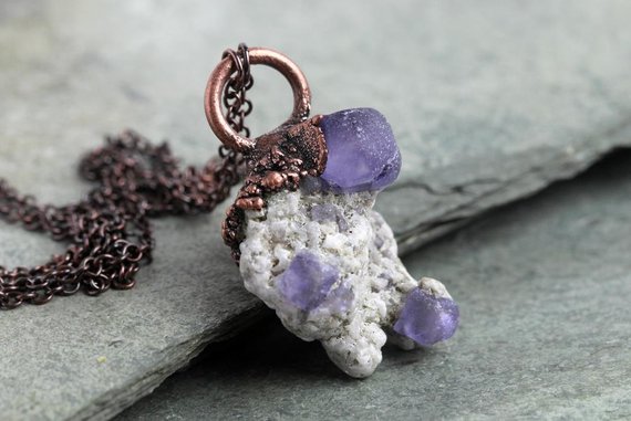 Purple Fluorite Pendant - Fluorite Cube Necklace - Fluorite In Matrix - Gift For Rock Hound