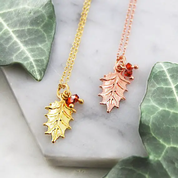 Rose Gold Holly Leaf Necklace Sterling Silver Pendant Small Garnet Stone Pendant, Rose Gold Jewellery, Birthday Gifts, Unusual Present
