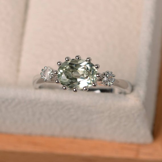 February Birthstone, Engagement Ring, Natural Green Amethyst Ring, Green Gemstone, Oval Cut Gemstone