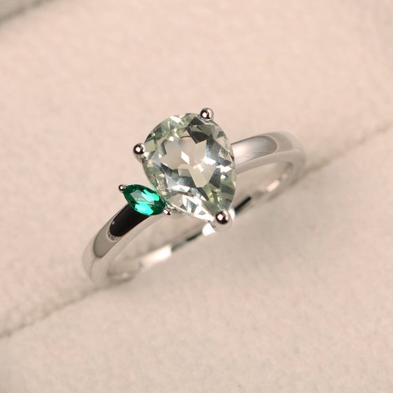 Natural Green Amethyst Ring, Anniversary Ring, Pear Cut Gemstone, Green Gemstone, Sterling Silver Ring