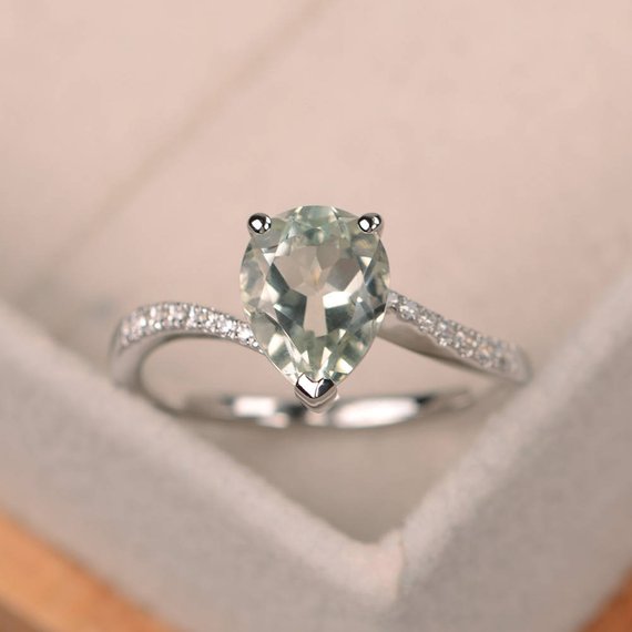 Natural Green Amethyst Ring, Silver Ring, Pear Cut Engagement Ring, Green Gemstone Ring