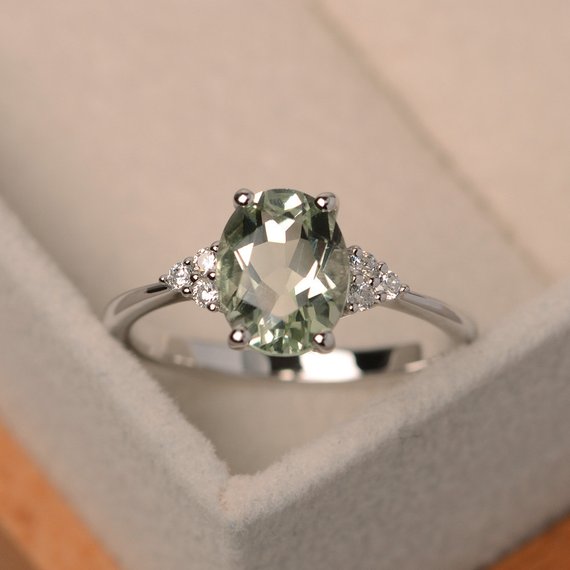 Green Amethyst Ring, Oval Gemstone Ring, Bridal Ring, Green Stone Ring, Sterling Silver