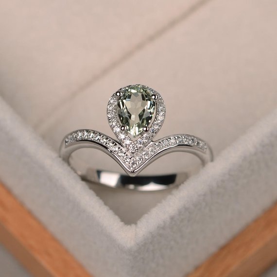 Green Amethyst Ring, Pear Cut Ring, Green Gemstone Ring, Engagement Rings Silver