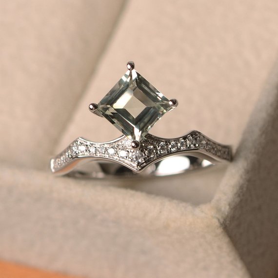 Green Amethyst Ring, Square Cut, Sterling Silver, Kite Set Engagement Ring Women