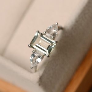 Shop Green Amethyst Rings! Green amethyst ring, sterling silver, three stone ring, promise ring | Natural genuine Green Amethyst rings, simple unique handcrafted gemstone rings. #rings #jewelry #shopping #gift #handmade #fashion #style #affiliate #ad